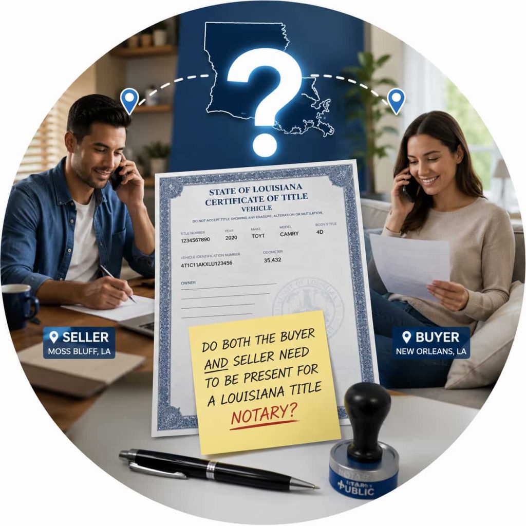 Louisiana vehicle title notary for question do both buyer and seller need to be present for title notary