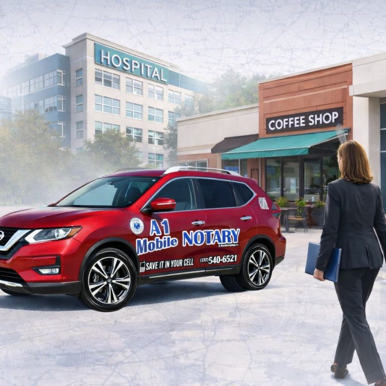 A1 Mobile Notary in Lake Charles, LA meeting clients at hospitals, coffee shops, and public locations — branded Rogue notary service