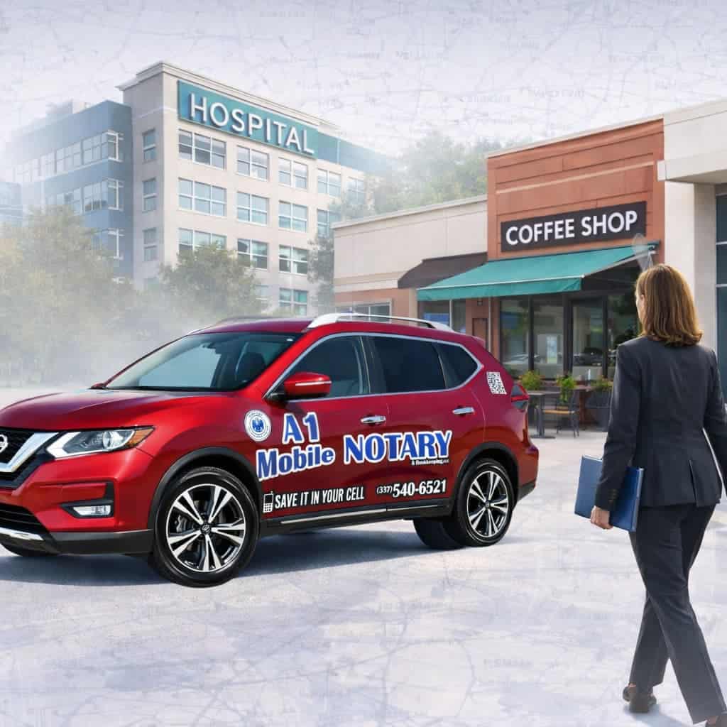 A1 Mobile Notary in Lake Charles, LA meeting clients at hospitals, coffee shops, and public locations — branded Rogue notary service